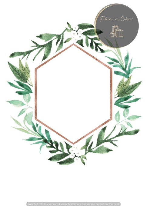 Invitație nuntă cu ramuri verzi și cadru geometric