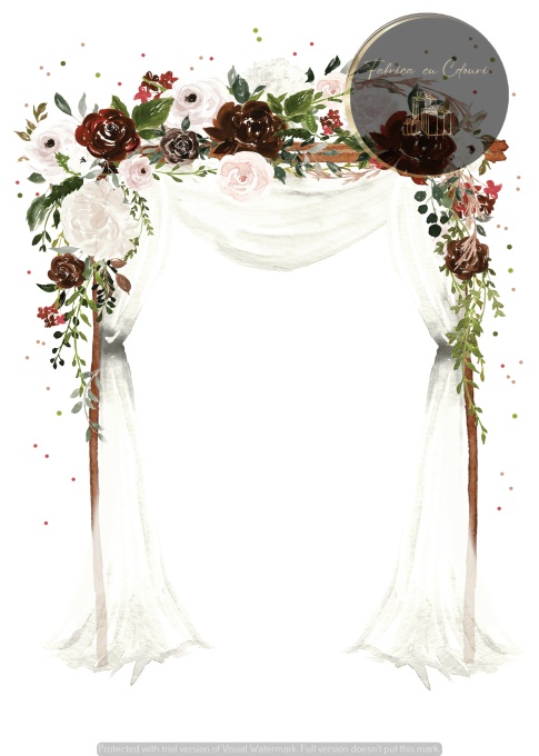 Invitație albă cu arc floral bordo și crem