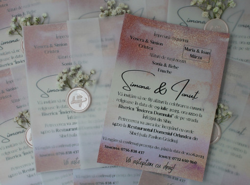 Invitație nuntă flori si sigiliu roz