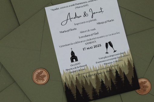 Invitație Nuntă Pădure/Forest cu Sigiliu Bronz și Plic Olive