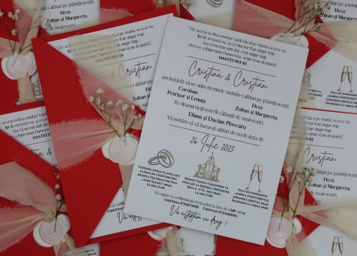 Invitație Nuntă Plic Roșu elegant cu ceară sigiliu și flori delicate