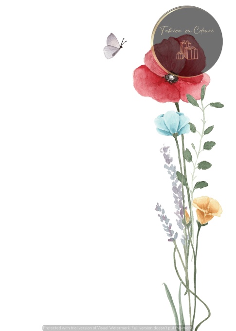Invitație nuntă florală cu mac roșu și lavandă