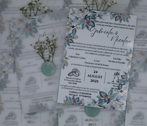 Invitație Nuntă Florală cu Plic Vellum, Sigiliu Verde Mentă și Flori Presate