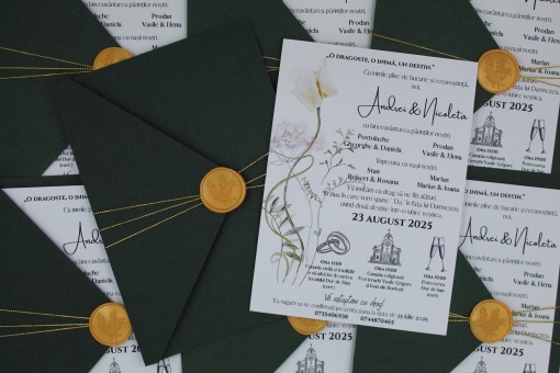 Invitație Nuntă Botanică cu Plic Verde Pădure, Sigiliu Auriu și Ilustrații Florale Delicate