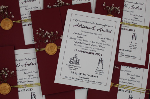 Invitație nuntă bordeaux cu flori