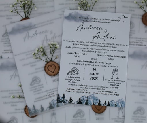 Invitație Nuntă cu Vellum Transparent, Sigiliu Ceară și Peisaj Montan