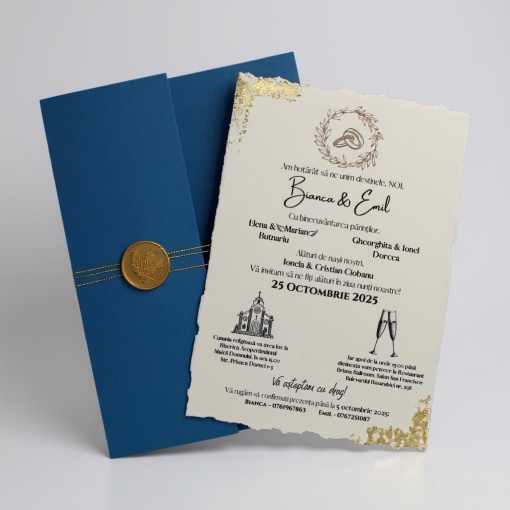 Invitație Nuntă Regală cu Plic Albastru, Foiță Aurie și Sigiliu Elegant