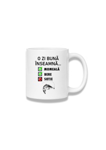 Cană ceramică 380 ml – O zi bună înseamnă momeală, bere și soție