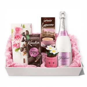 Cutie Cadou Premium pentru Ea cu Vin Spumant Rosé, Ciocolată și Ghiveci de Pluș – Cadou Elegant pentru Femei