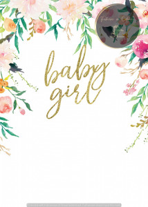 Invitație Botez B147 - Text Caligrafic Baby Girl cu Flori Acuarelă