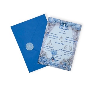 Invitație botez băiat albastru elegantă cu plic și sigiliu – invitații botez personalizate premium