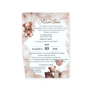 Invitație de botez personalizată, realizată manual, cu ursuleț și sigiliu de ceară – un design elegant pentru un eveniment de suflet.