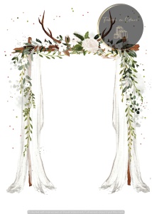 Invitație nuntă cu arc floral și draperii albe