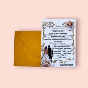 Invitație nuntă cu plic auriu și design romantic