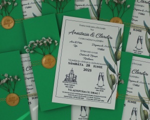 Invitație Nuntă cu Plic Verde Intens, Sigiliu Auriu și Frunze de Măslin - Img 2