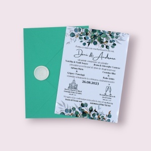 Invitație Nuntă cu Plic Verde Mentă și Sigiliu Alb – Design Floral Elegant și Modern