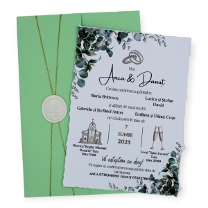 Invitație Nuntă cu Plic Verde Mentă, Sigiliu Ceară “Cu Drag” și Decor Eucalipt