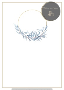 Invitație nuntă minimalistă albă cu ramă aurie și ramură albastră