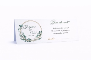 Plic pentru bani nuntă elegant cu frunze eucalyptus și cerc auriu personalizat | Plic pentru dar premium clasic