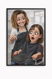 Ramă Foto Caricatură Amuzantă Frizeră și Copil – Portret Personalizat din Fotografie
