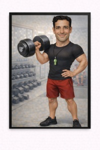 Ramă Foto Caricatură Antrenor Fitness – Portret Personalizat Gym din Poză