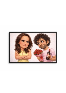 Ramă Foto Caricatură Cuplu „Supărată vs. Împăcare” – Portret Personalizat Amuzant