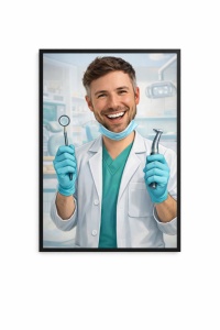 Ramă Foto Caricatură Medic Stomatolog – Tablou Caricatură Amuzantă Personalizată, Cadou Original