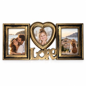 Ramă foto colaj Love cu inimă centrală, auriu antichizat – 3 fotografii incluse
