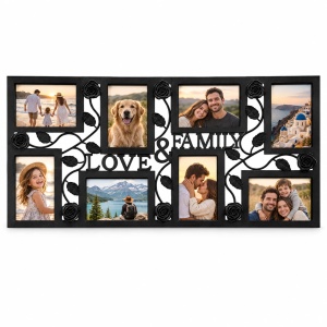 Ramă foto colaj Love & Family cu flori, negru – 8 fotografii incluse