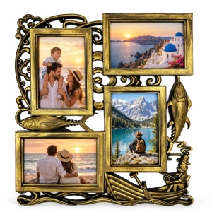 Ramă foto colaj Pescar decorativ, auriu antichizat – 4 fotografii incluse
