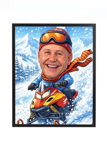 Ramă foto personalizată caricatură pe snowmobil – cadou amuzant de iarnă după fotografie
