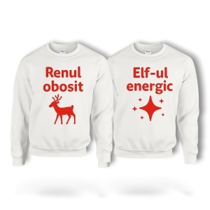 Set pulovere cuplu – „Renul obosit” & „Elf-ul energic” – modele amuzante de Crăciun, unisex