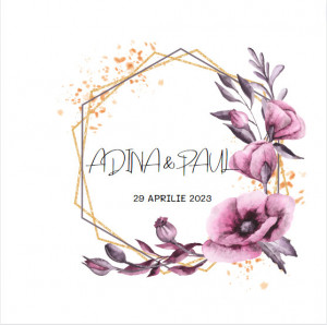 Sticker nuntă floral mov cu accente aurii – model elegant personalizat cu nume și dată