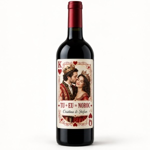Sticlă de vin personalizată cu poză „Tu + Eu = Noroc” – Valentine’s Day