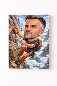 Tablou Canvas Caricatură Alpinist Personalizată – Cadou pentru Pasionații de Munte