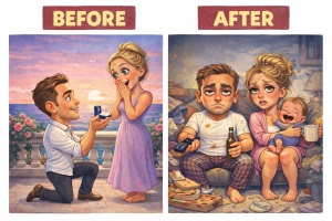 Tablou Canvas Caricatură Familie cu 1 Copil – Before & After Amuzant Personalizat