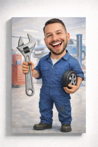 Tablou Canvas Caricatură Mecanic Auto Personalizată – Cadou Original din Poză