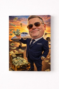 Tablou Canvas Caricatură Miliardar cu Avion Privat – Cadou Personalizat Funny