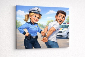 Tablou Canvas Caricatură Polițistă și Prizonier – Portret Amuzant Personalizat
