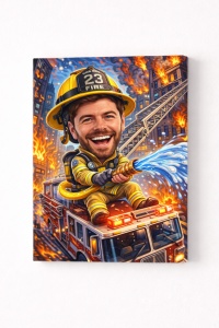 Tablou Canvas Personalizat – Pompier în Acțiune | Caricatură cu Mașină de Pompieri