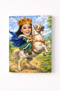 Tablou Canvas Personalizat – Regina pe Cal | Caricatură Regală Amuzantă