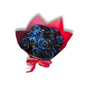 Buchet trandafiri albastru negru cu cristale, aranjament floral premium elegant