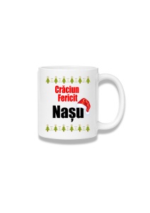 Cană ceramică 380 ml – Crăciun fericit, nașu – chenar cu brazi