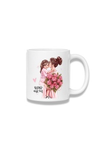 Cană ceramică 380 ml – Super Mom – mamă și copil cu flori