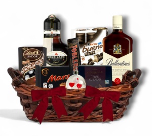 Coș Cadou Premium cu Ballantine’s, Sheridan’s și Ciocolată de Lux – Cadou Elegant pentru Sărbători