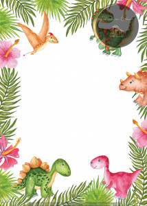 Invitație Botez B28 - Dinozauri Tropicali cu Frunze de Palmier și Flori Roz
