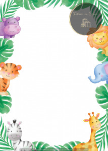 Invitație Botez B524 - Ramă cu Animăluțe din Safari și Frunze Tropicale