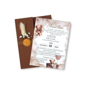 Invitație botez personalizată cu ursuleț și sigiliu de ceară – model elegant maro