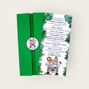 Invitație de Botez Safari Jungle cu Animăluțe și Plic Verde