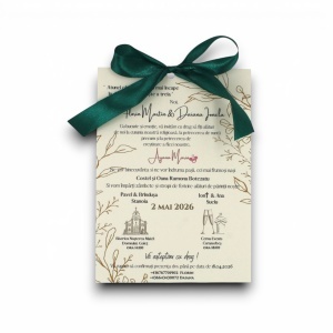 Invitație de nuntă elegantă, personalizată, cu fundă verde și monogramă – un design rafinat pentru un eveniment de neuitat.